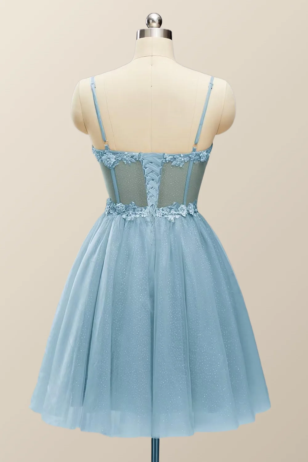 Straps Blue Corset A-line Short Prom Dress - Image 2