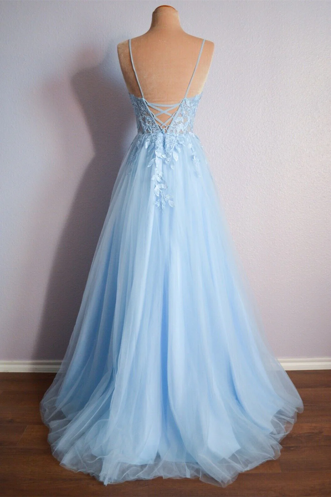 Straps Blue Lace Appliques A-line Long Formal Dress - Image 3