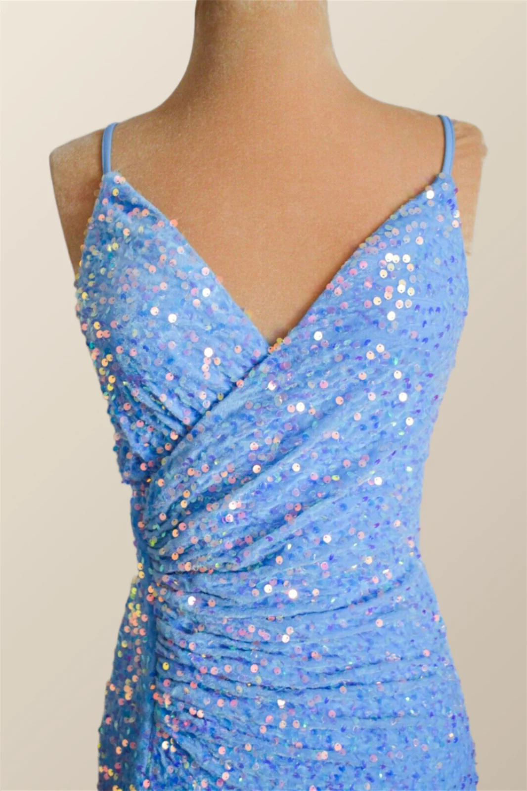 Straps Blue Sequin Ruched Faux Wrap Dress - Image 3