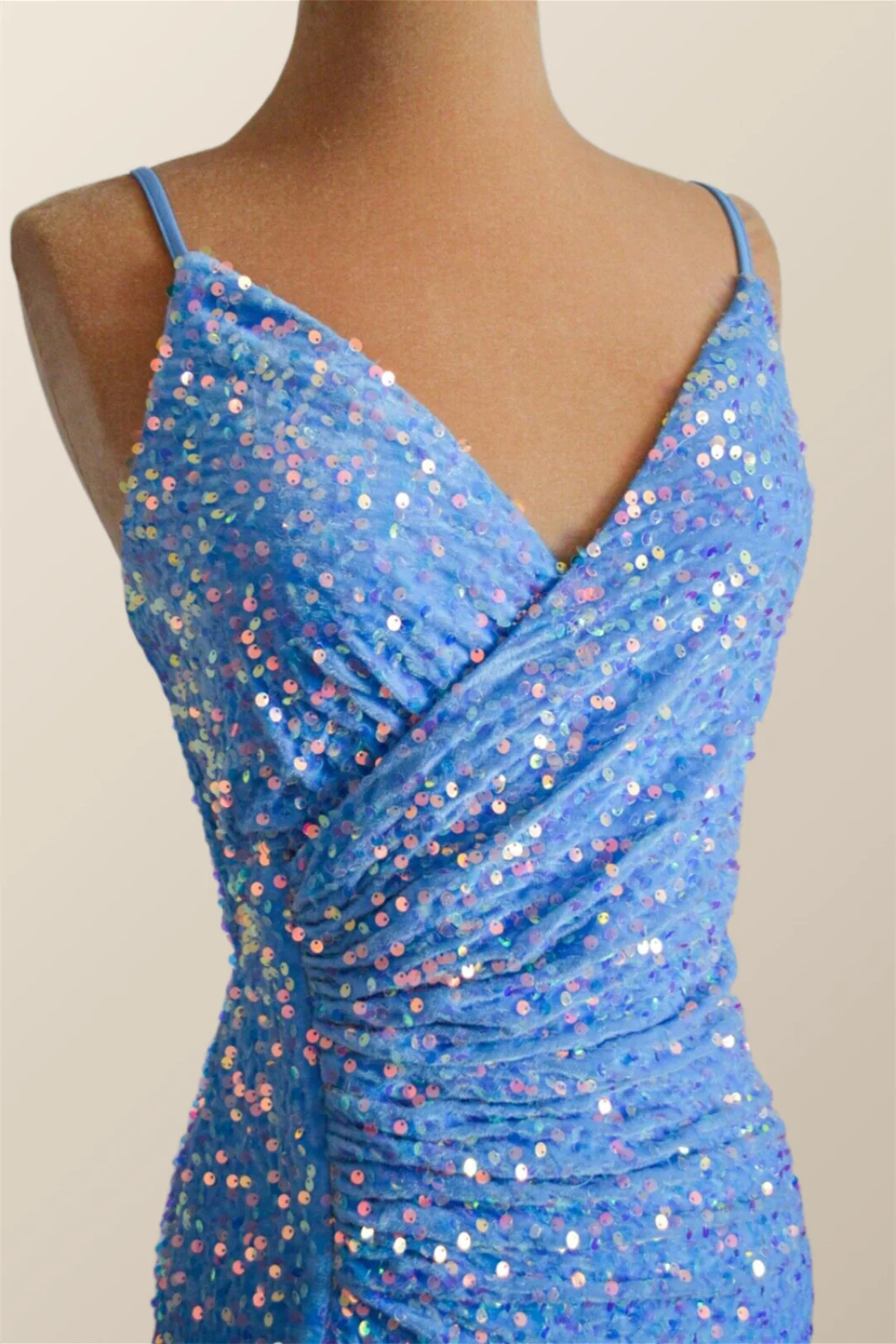 Straps Blue Sequin Ruched Faux Wrap Dress - Image 6