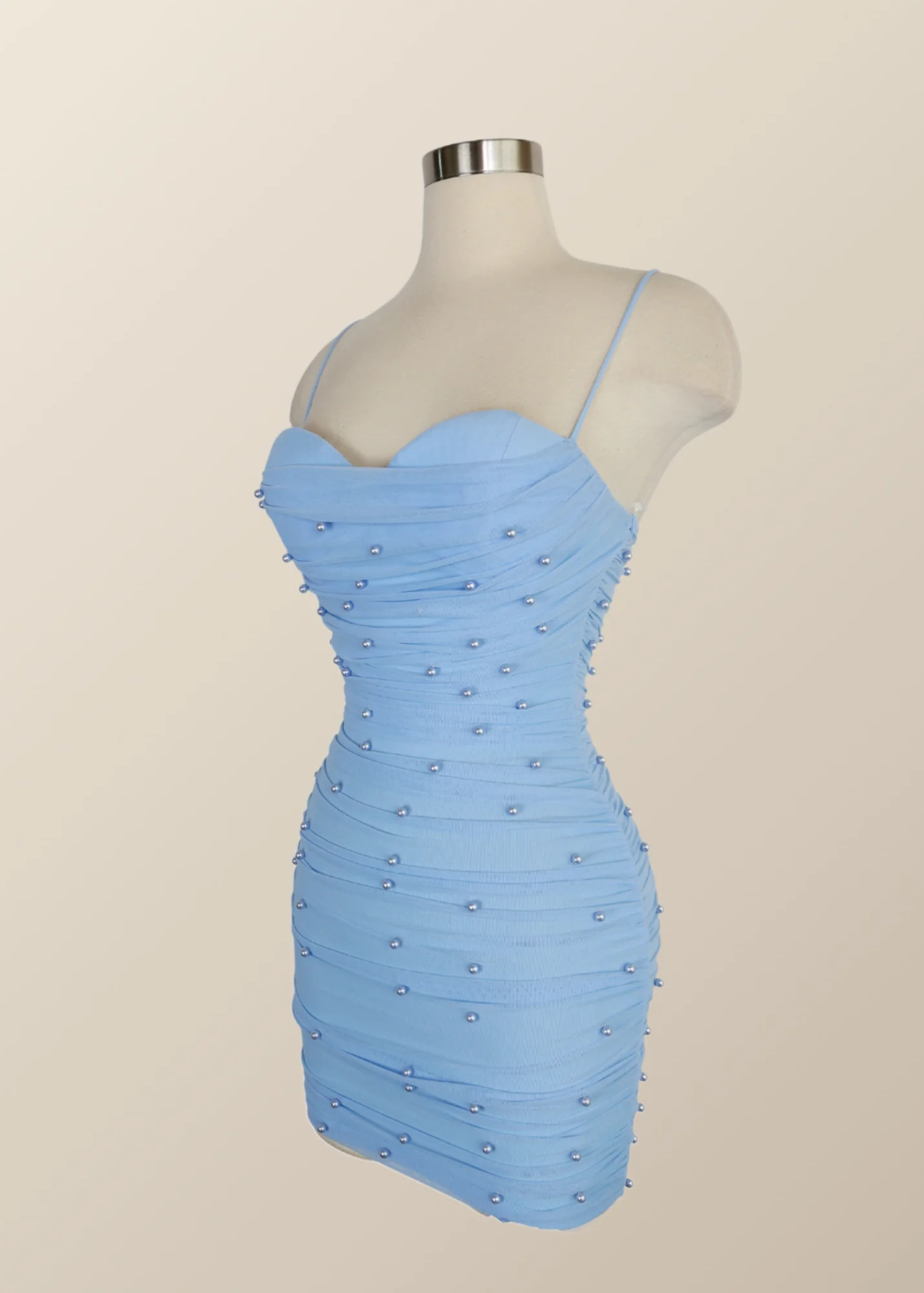 Straps Blue Tight Mini Dress with Pearls - Image 3