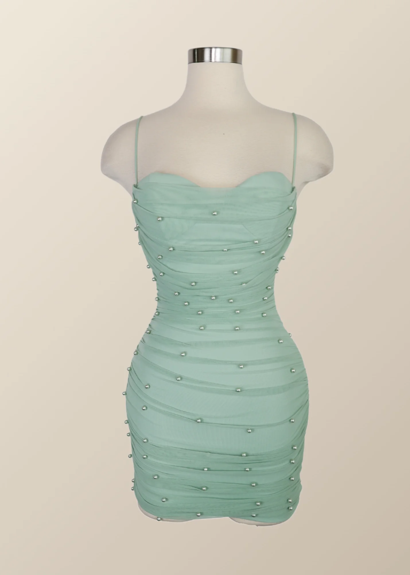 Straps Blue Tight Mini Dress with Pearls - Image 7