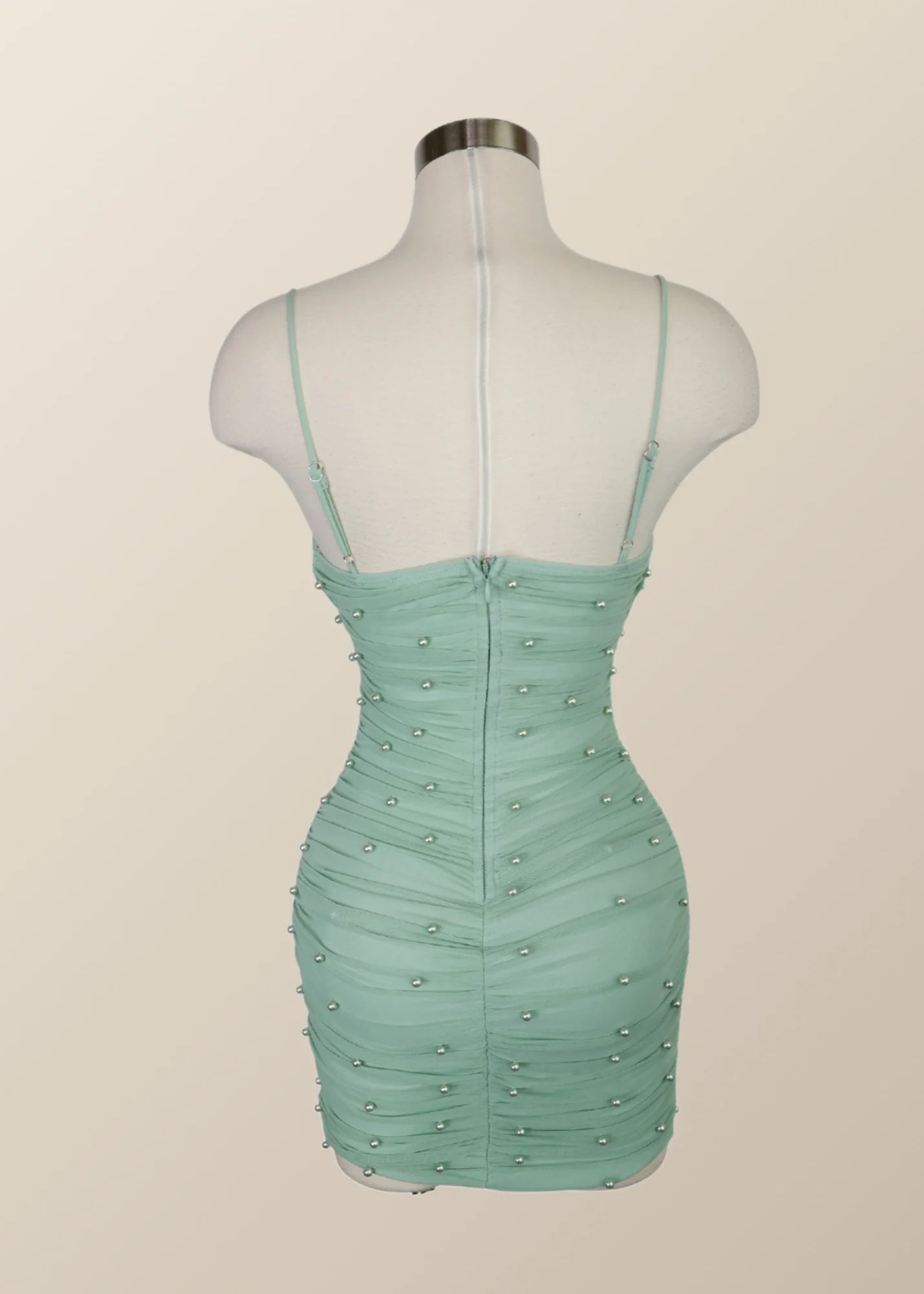 Straps Blue Tight Mini Dress with Pearls - Image 8