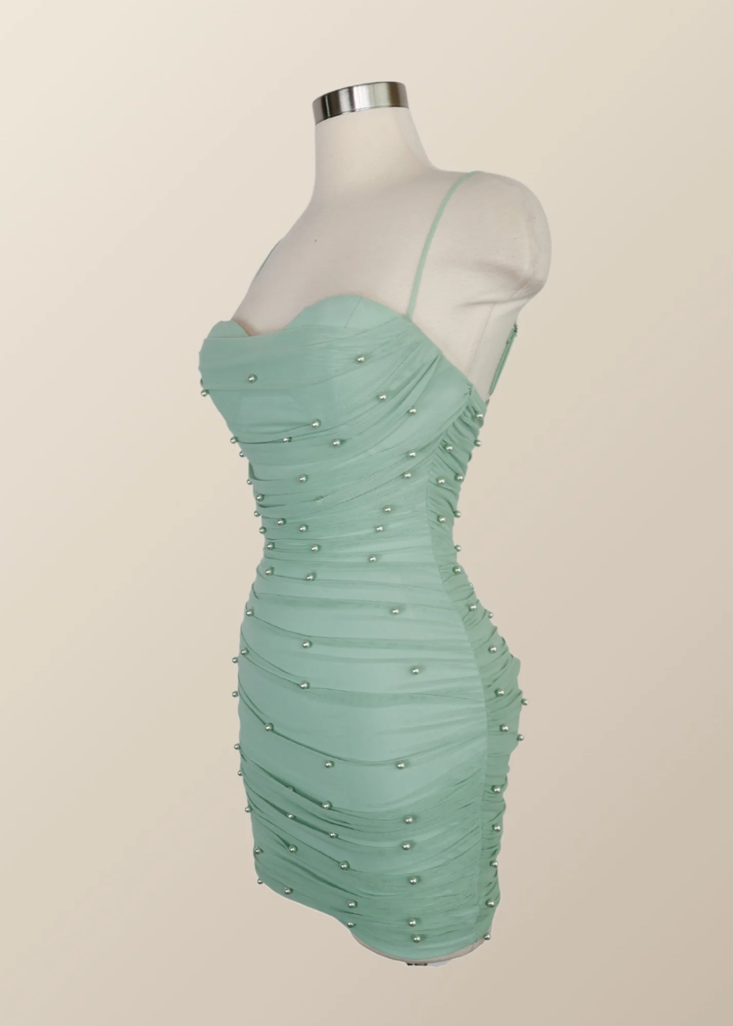 Straps Blue Tight Mini Dress with Pearls - Image 9