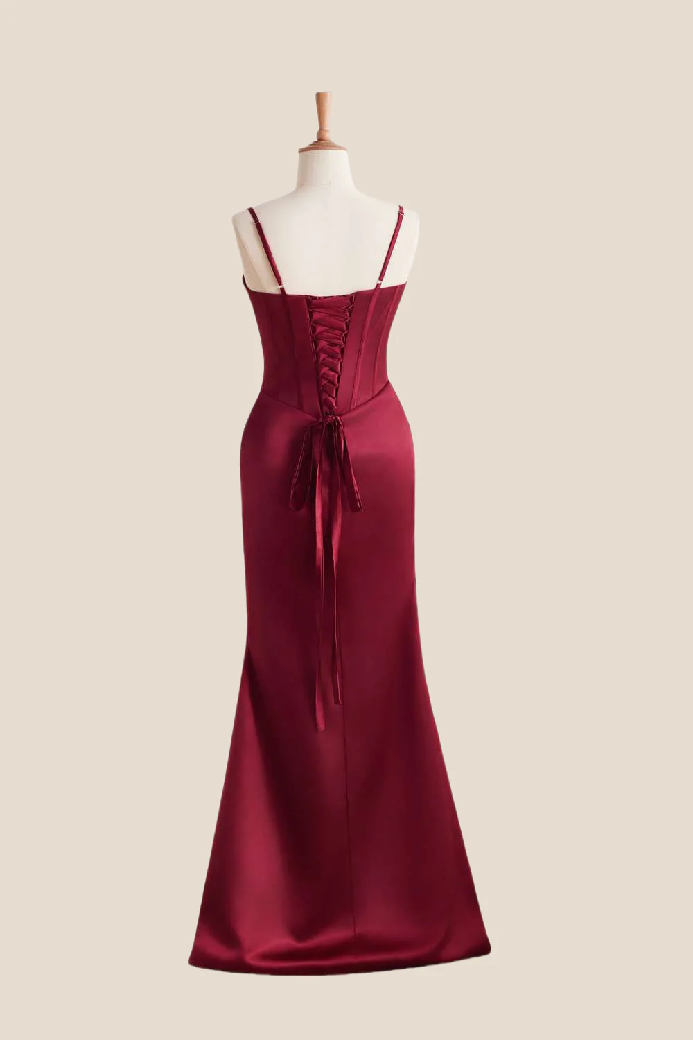 Straps Burgundy Ruched Long Dress with Slit - Image 2