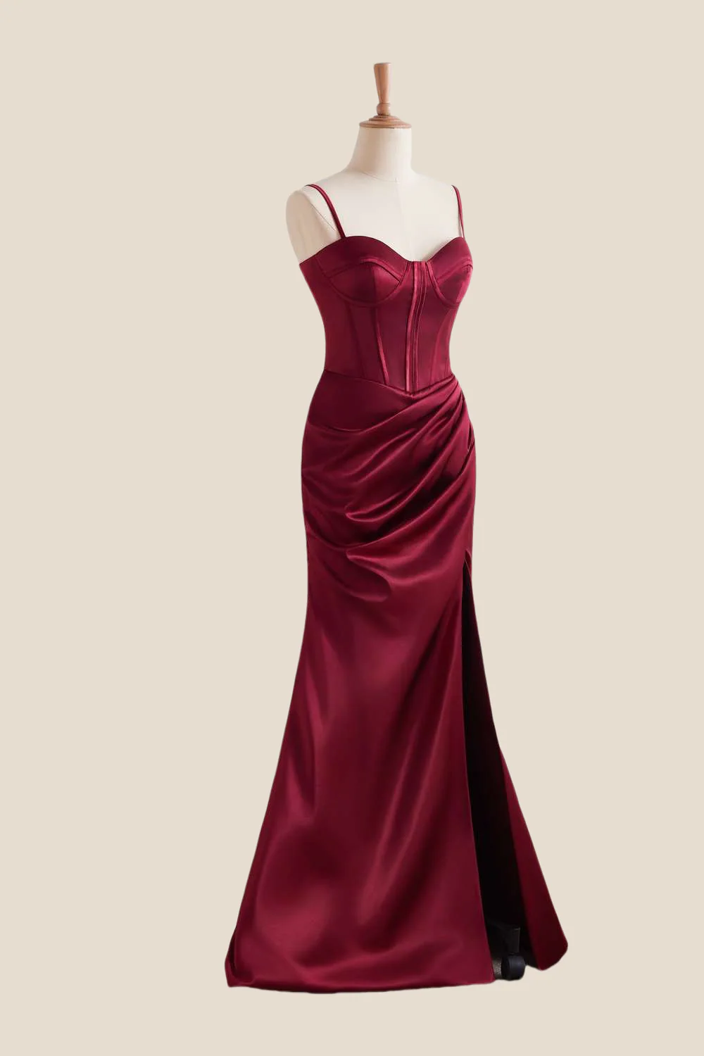 Straps Burgundy Ruched Long Dress with Slit - Image 3