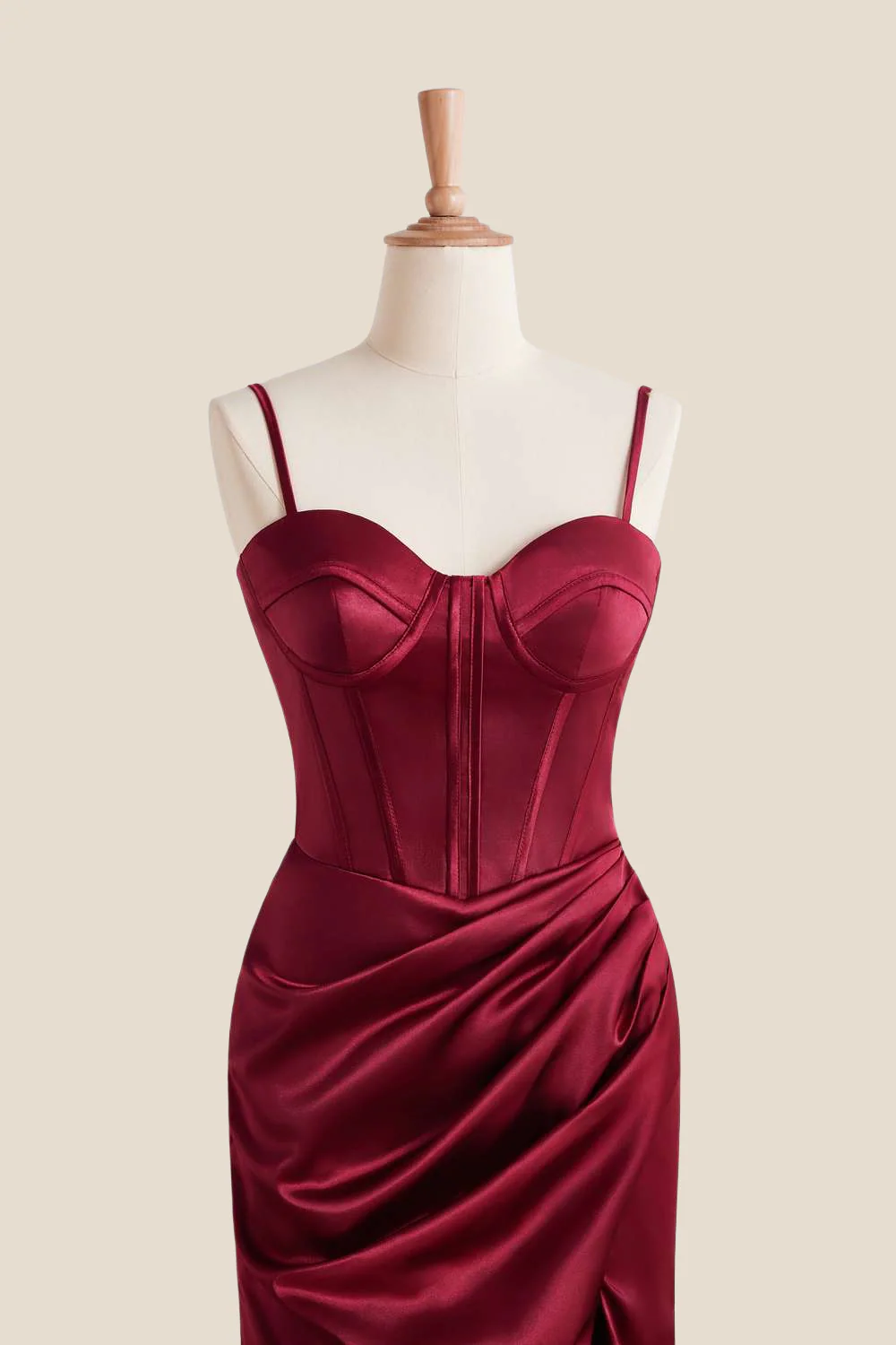 Straps Burgundy Ruched Long Dress with Slit - Image 4