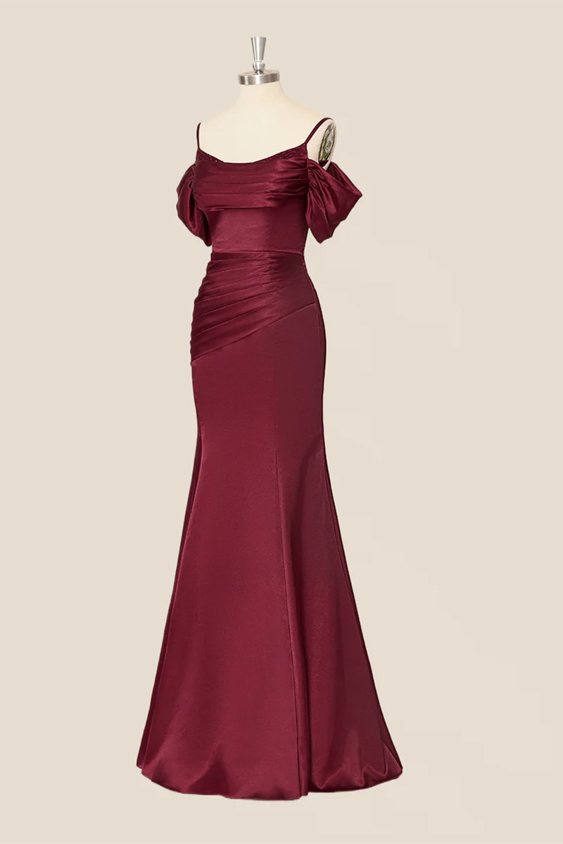 Straps Burgundy Ruched Mermaid Long Party Dress - Image 3
