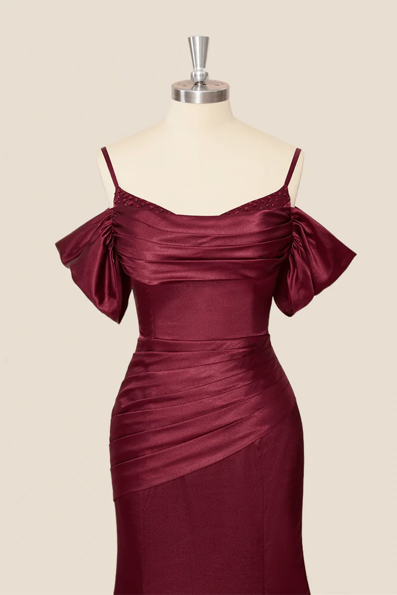 Straps Burgundy Ruched Mermaid Long Party Dress - Image 4