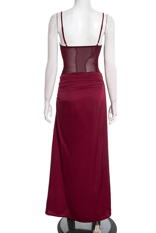 Straps Burgundy Sheer Draped Long Dress - Image 2