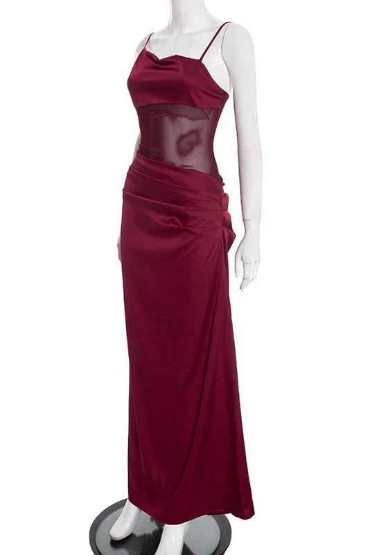 Straps Burgundy Sheer Draped Long Dress - Image 4