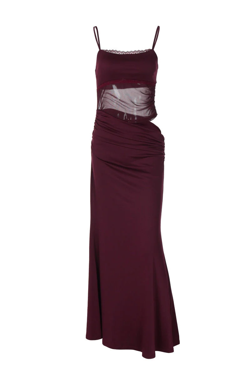 Straps Burgundy Sheer Mermaid Long Dress - Image 3