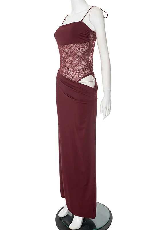 Straps Burgundy Sheer Tight Long Dress - Image 10
