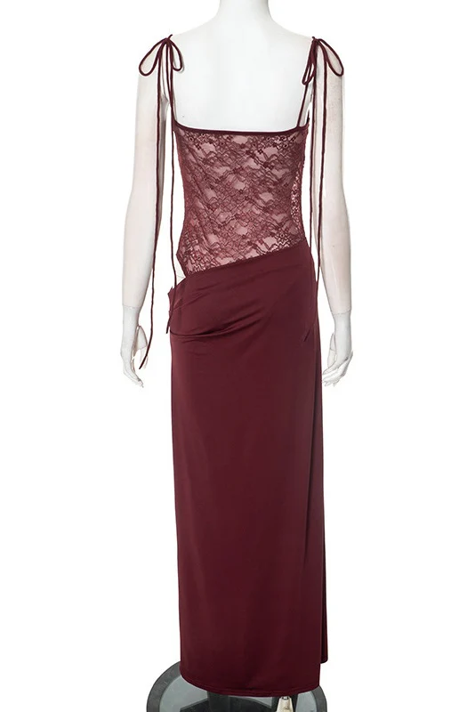 Straps Burgundy Sheer Tight Long Dress - Image 2