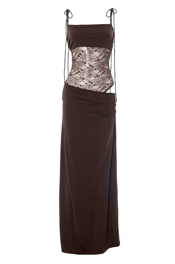 Straps Burgundy Sheer Tight Long Dress - Image 3