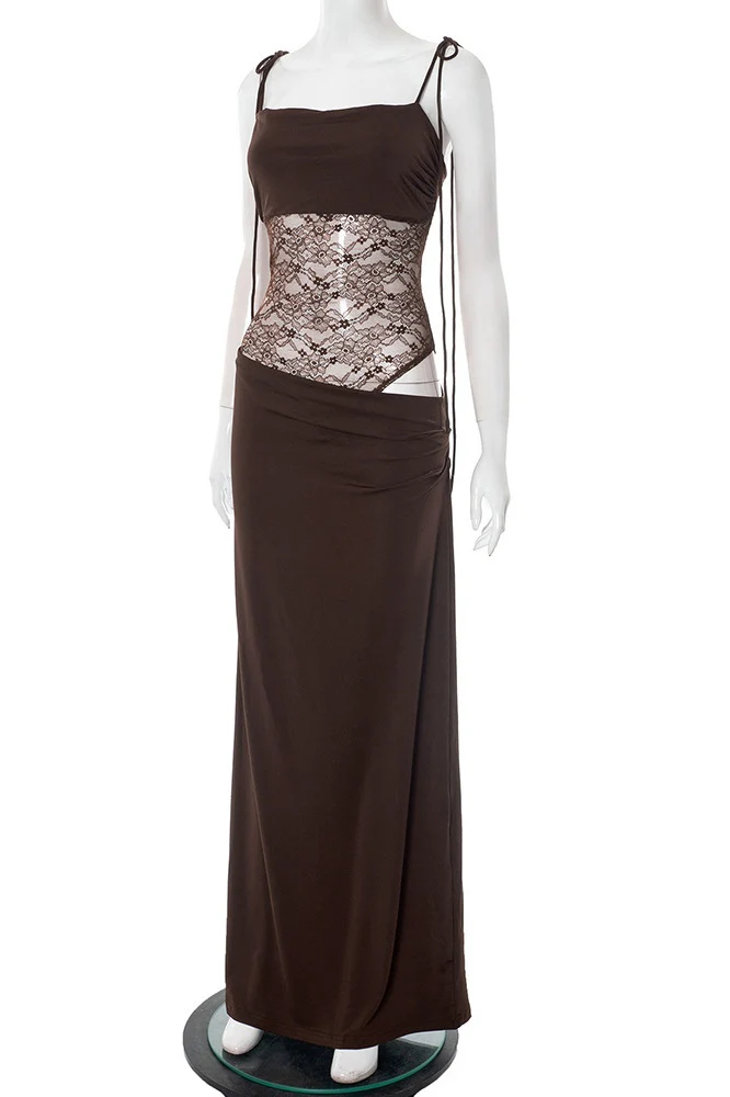 Straps Burgundy Sheer Tight Long Dress - Image 9