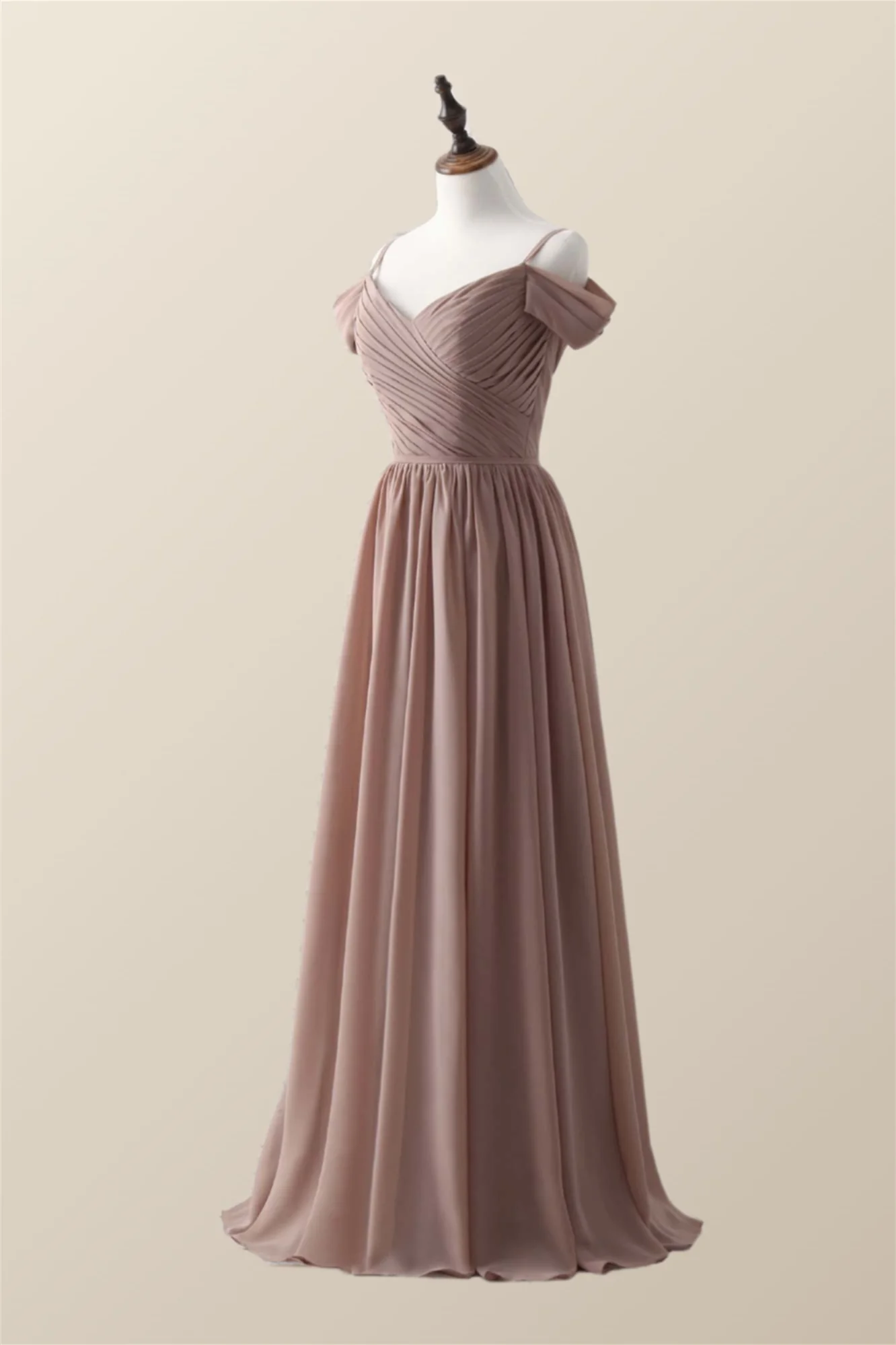 Straps Champagne Pleated Chiffon Long Bridesmaid Dress - Image 2
