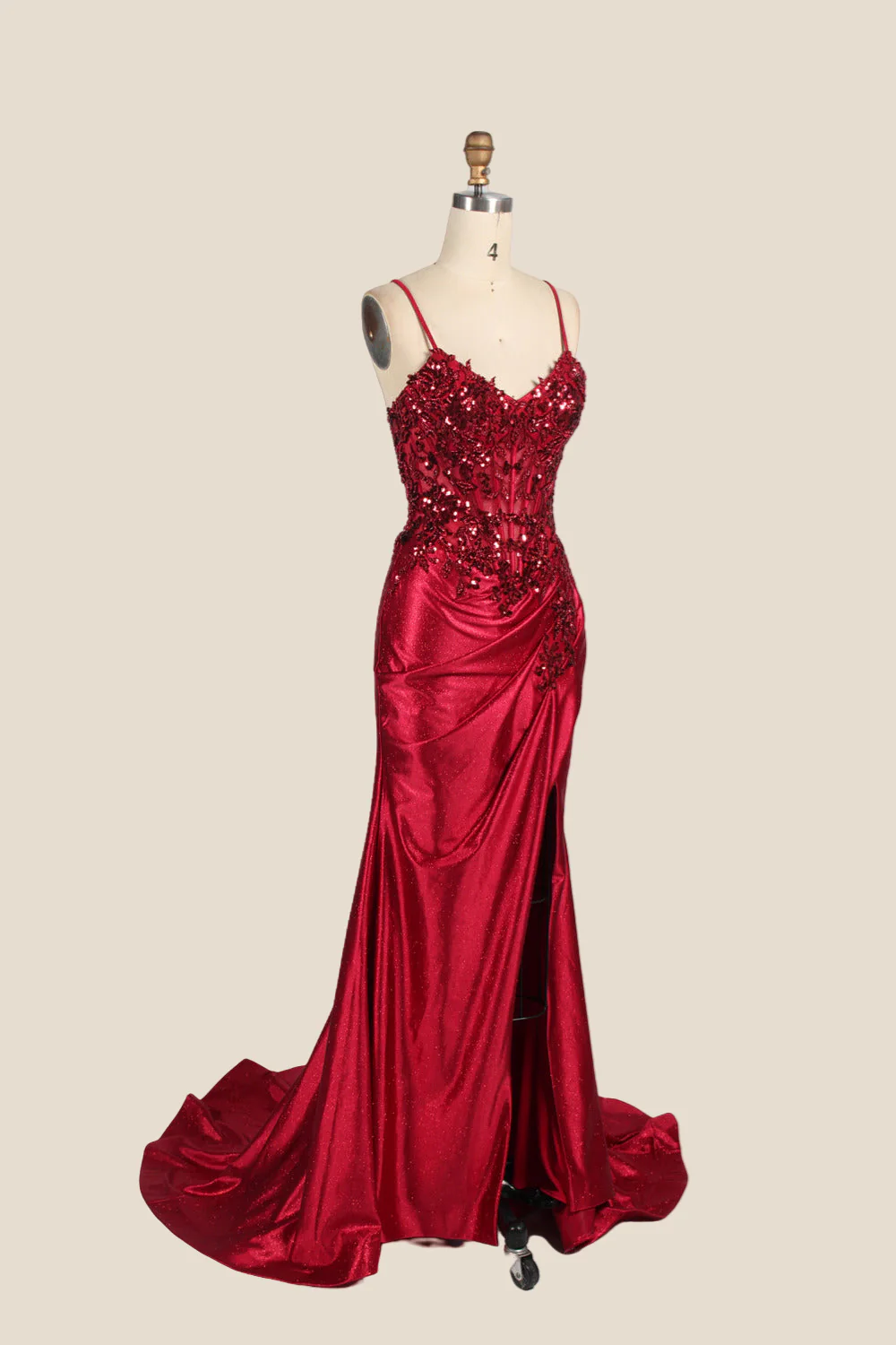 Straps Deep Red Appliques Long Dress with Slit - Image 3