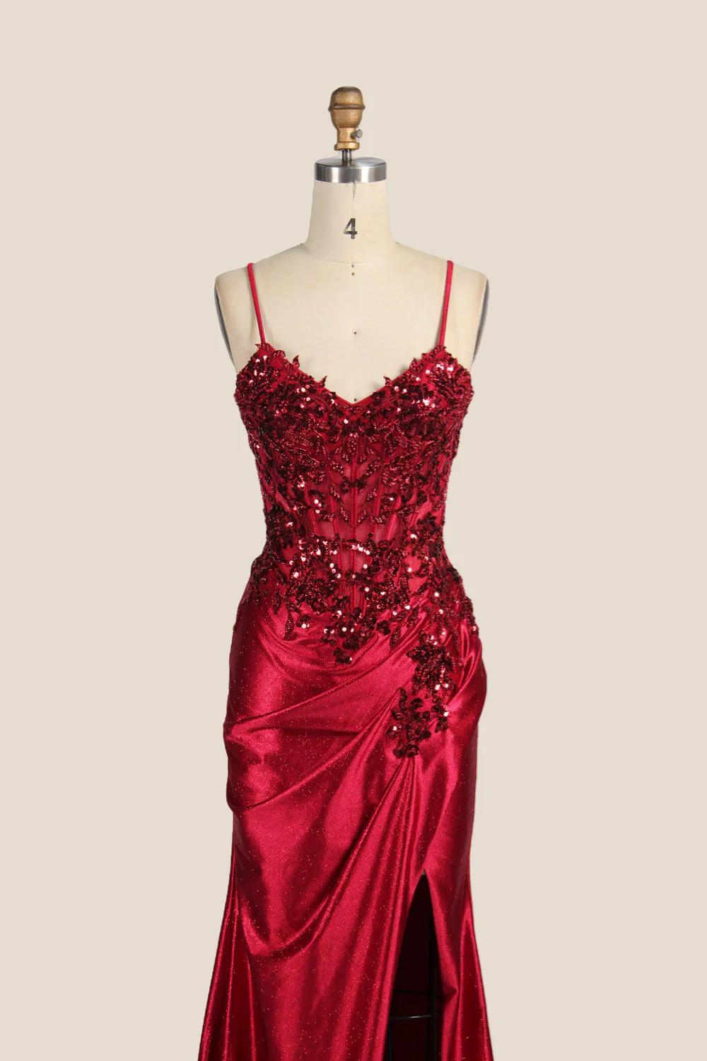 Straps Deep Red Appliques Long Dress with Slit - Image 4