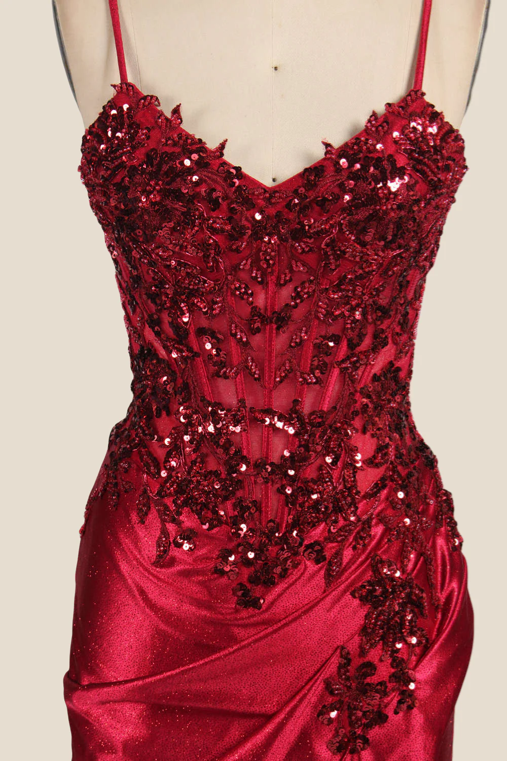 Straps Deep Red Appliques Long Dress with Slit - Image 5
