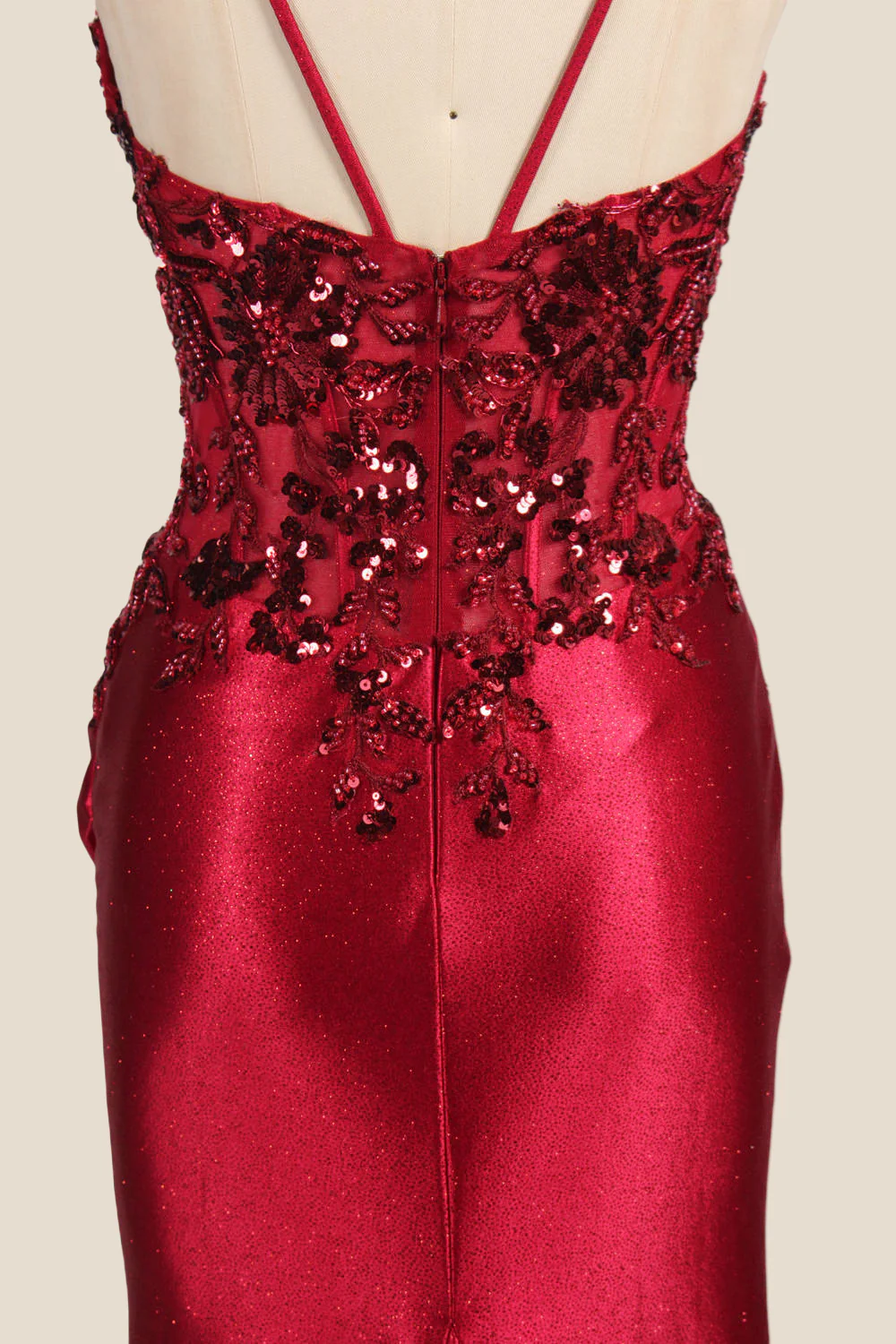 Straps Deep Red Appliques Long Dress with Slit - Image 6