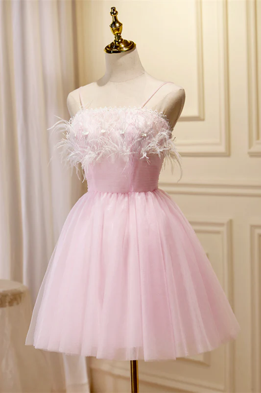 Straps Feather Pink Tulle Short Homecoming Dress - Image 2