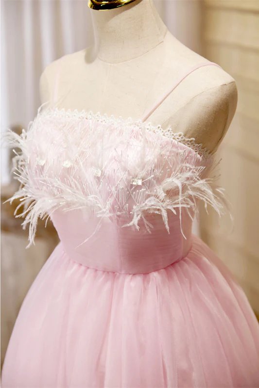 Straps Feather Pink Tulle Short Homecoming Dress - Image 3