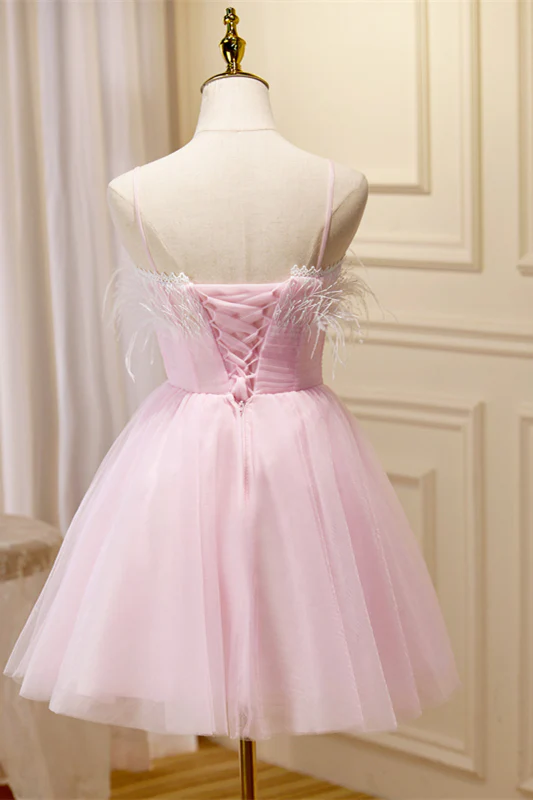 Straps Feather Pink Tulle Short Homecoming Dress - Image 4