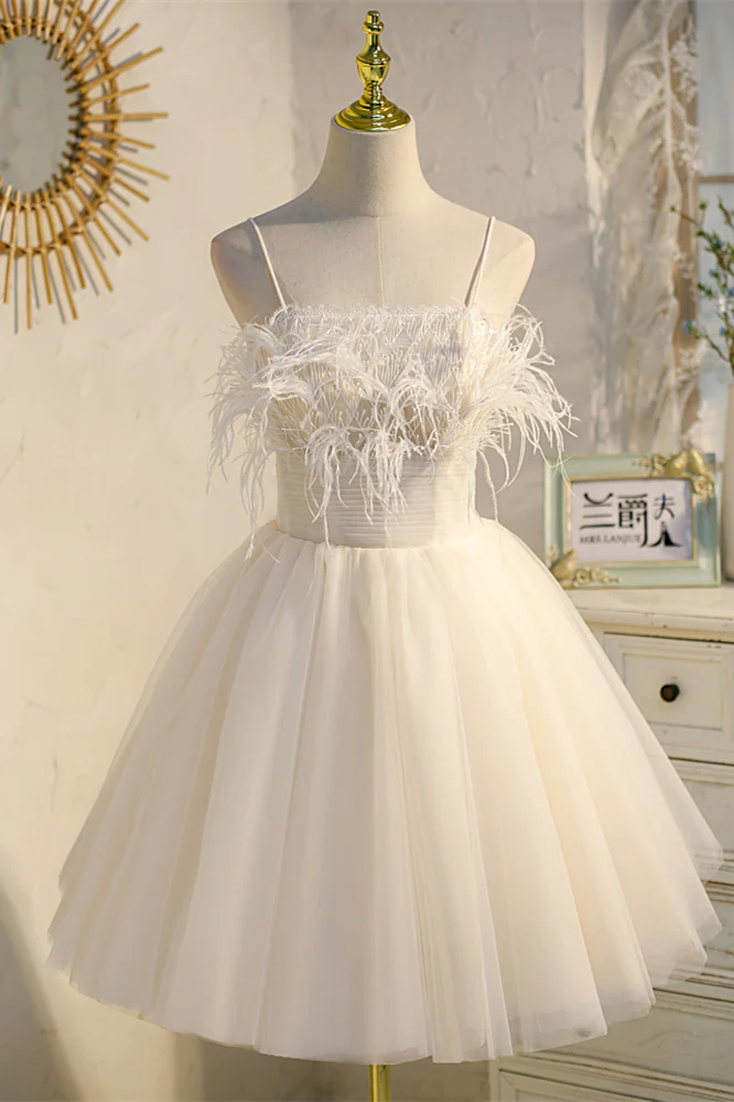 Straps Feather Pink Tulle Short Homecoming Dress - Image 6