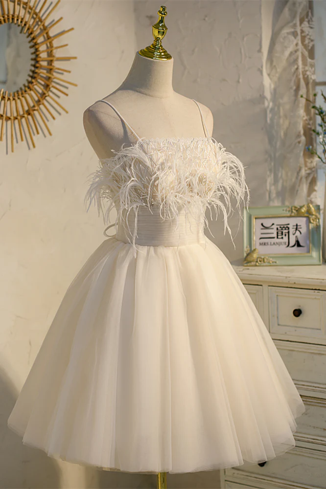 Straps Feather Pink Tulle Short Homecoming Dress - Image 8