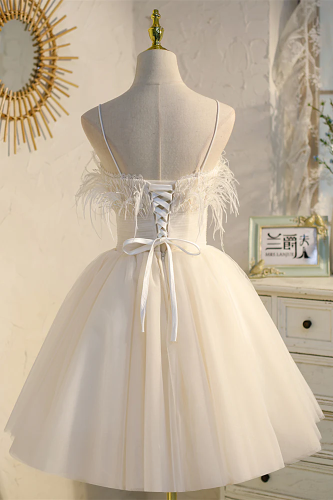 Straps Feather Pink Tulle Short Homecoming Dress - Image 9