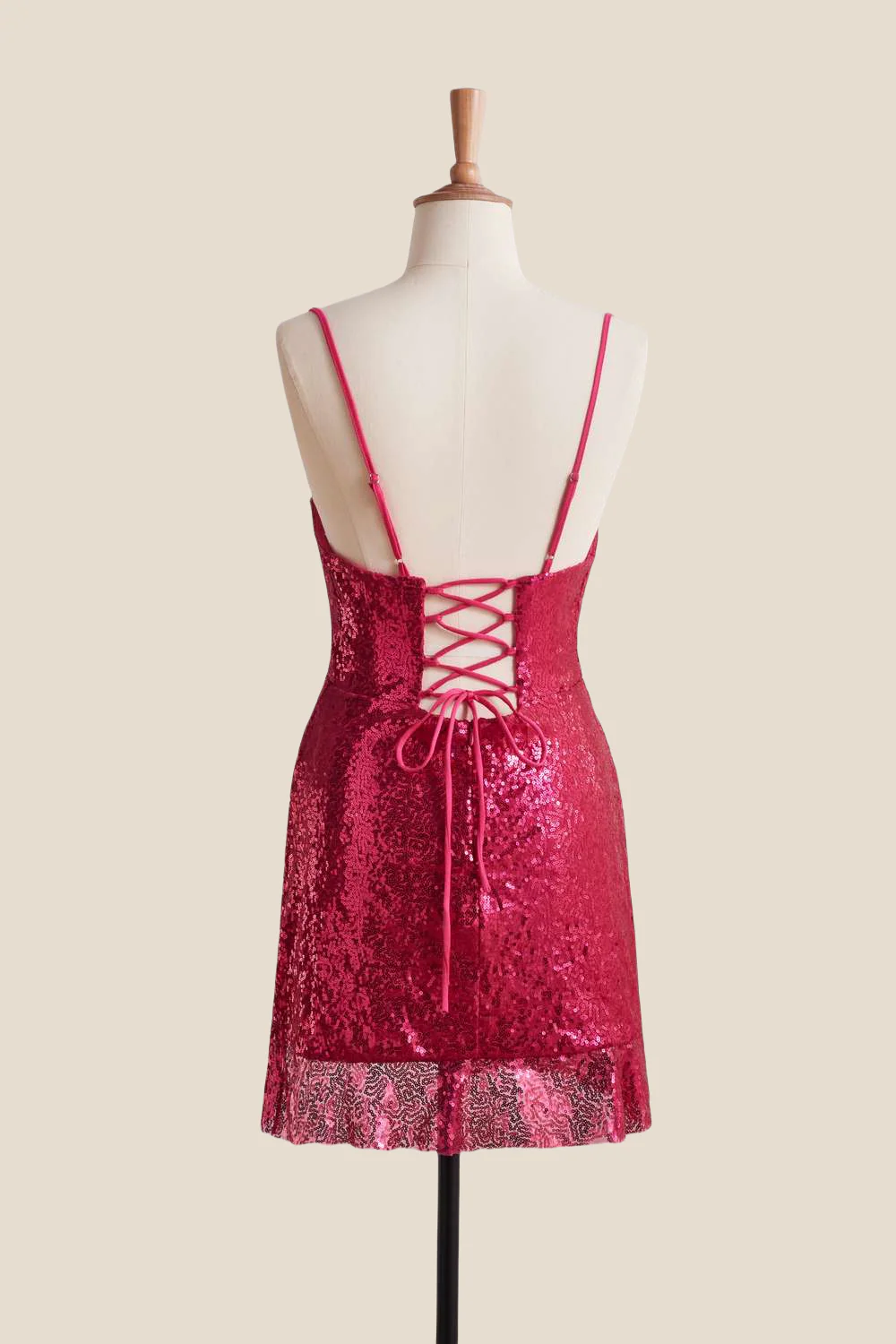 Straps Fuchsia Ruched Sequin Short Dress - Image 2
