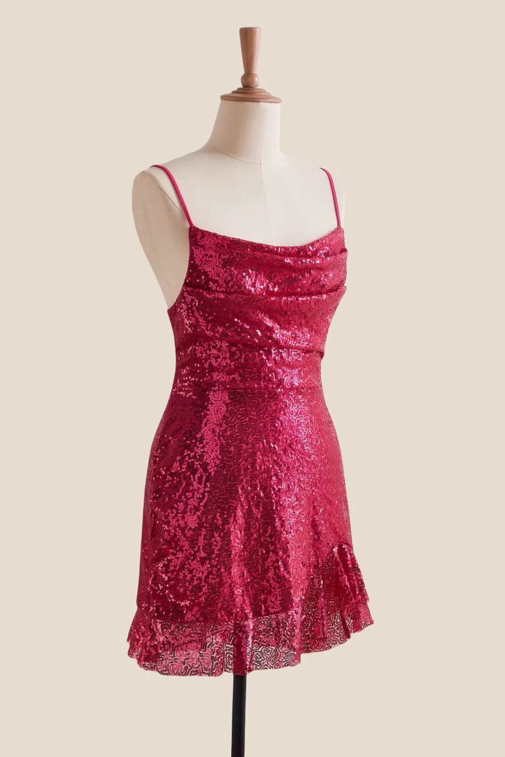 Straps Fuchsia Ruched Sequin Short Dress - Image 5