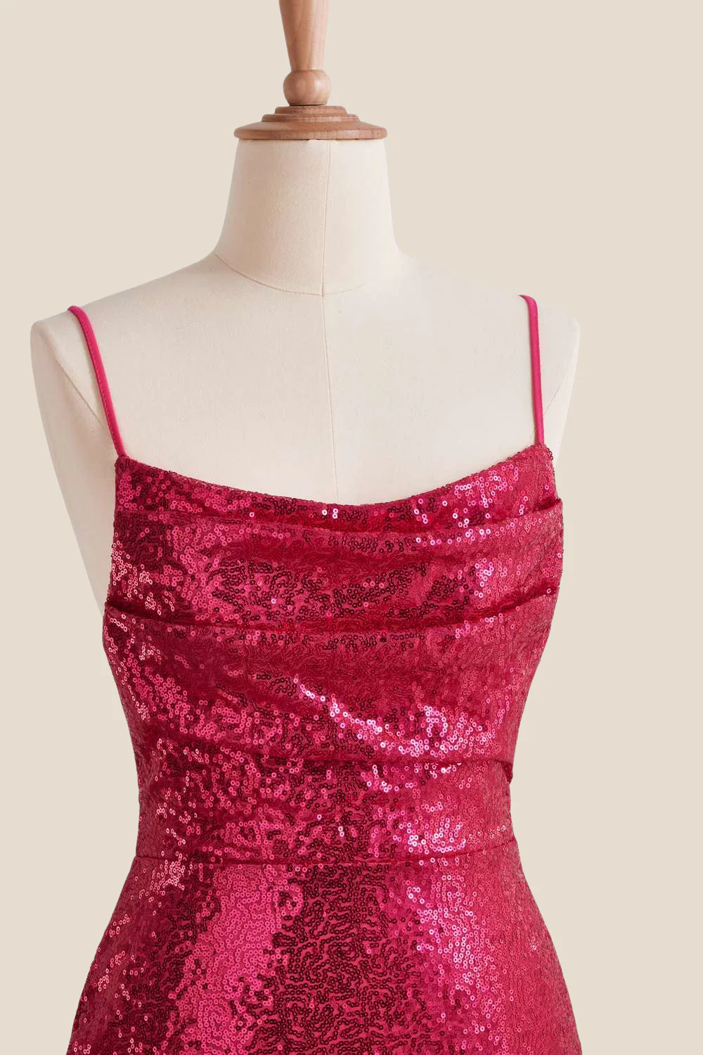 Straps Fuchsia Ruched Sequin Short Dress - Image 7