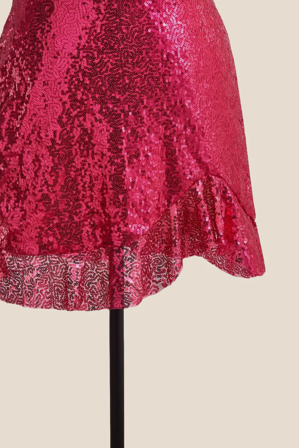 Straps Fuchsia Ruched Sequin Short Dress - Image 8