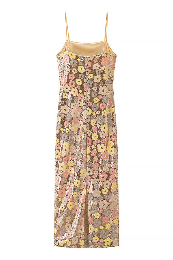 Straps Gold Floral Sequin Long Dress - Image 2