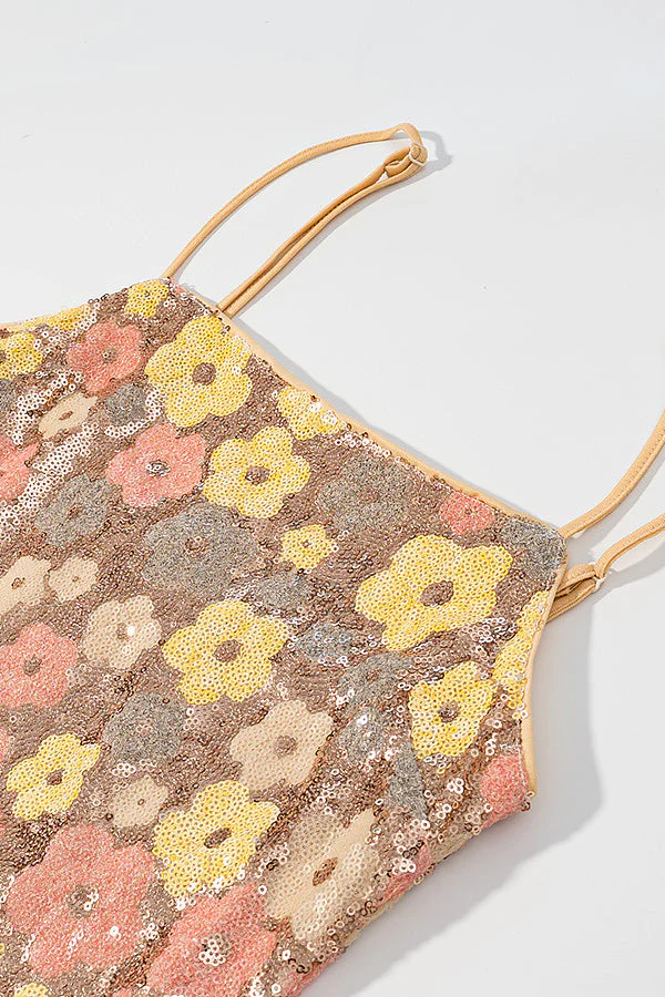 Straps Gold Floral Sequin Long Dress - Image 3