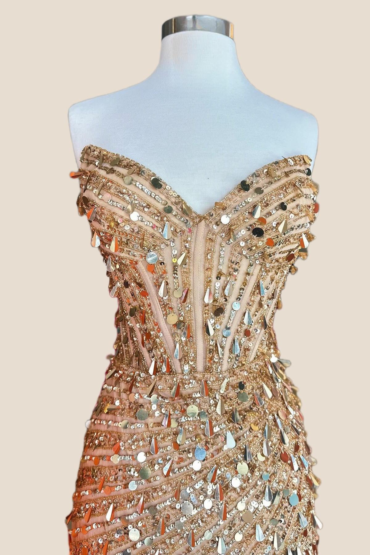 Strapless Gold Sequin Corset Tight Mini Dress - Image 3