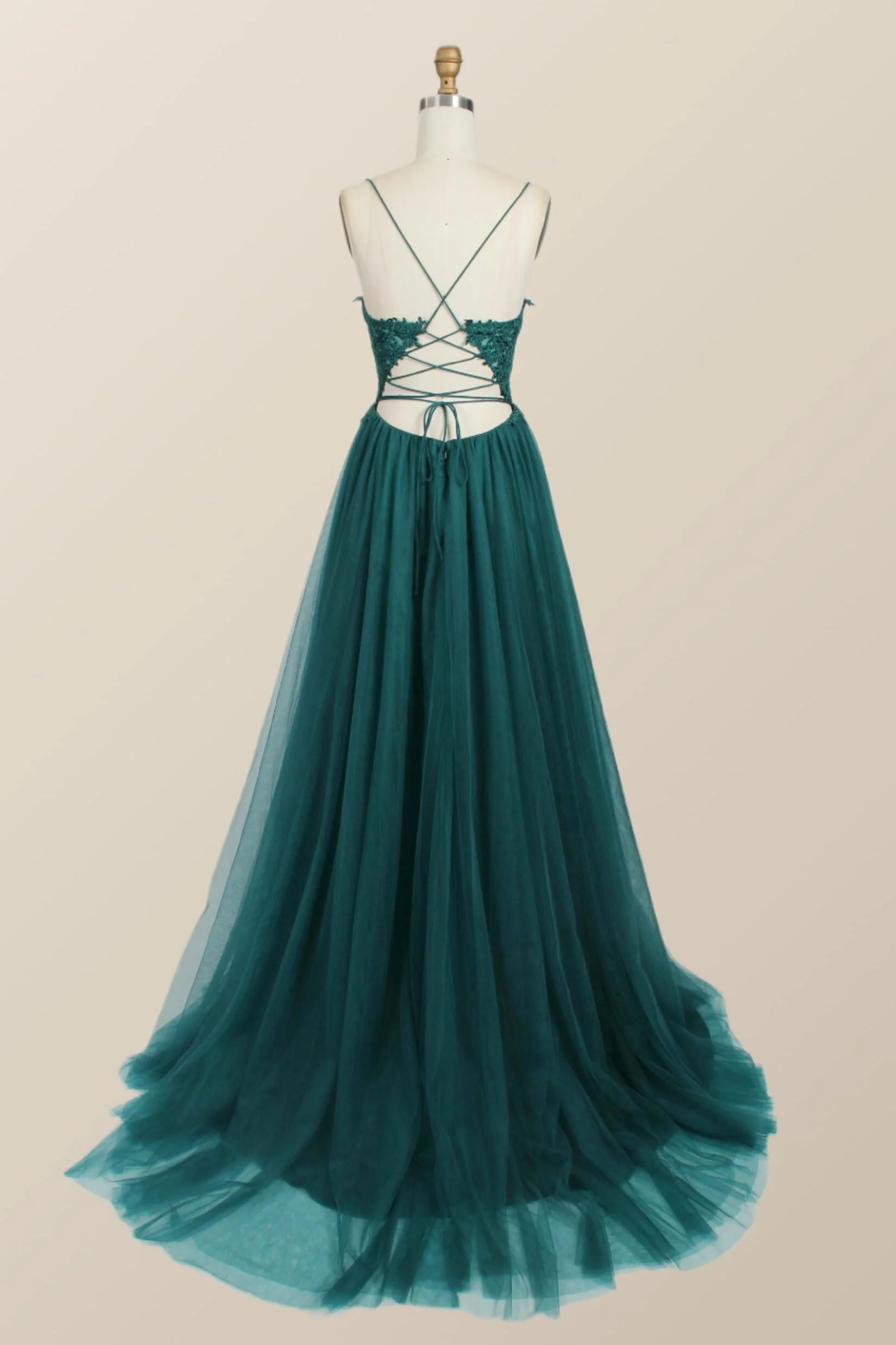 Straps Green Appliques Tulle Long Formal Dress - Image 2