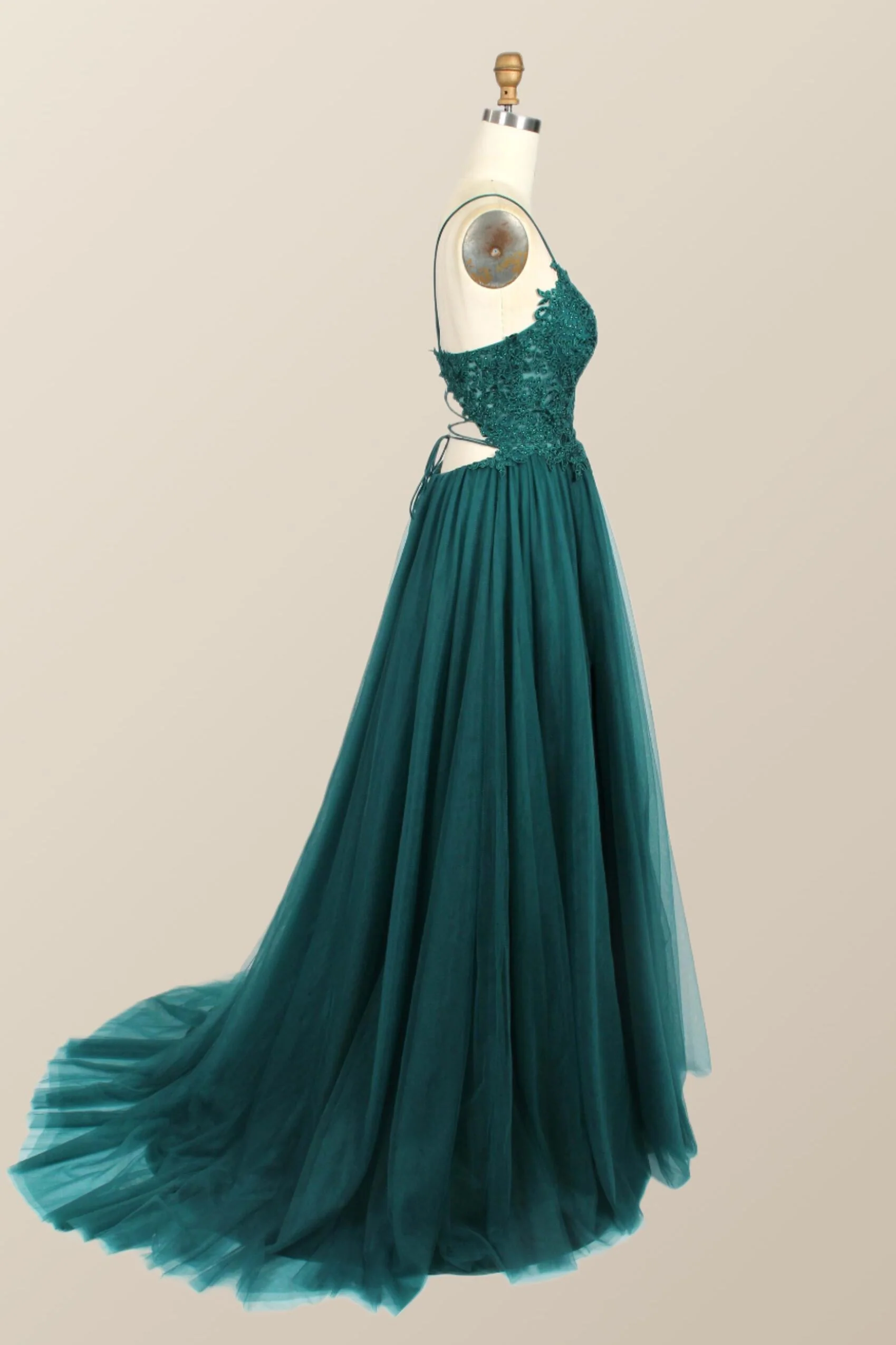 Straps Green Appliques Tulle Long Formal Dress - Image 3