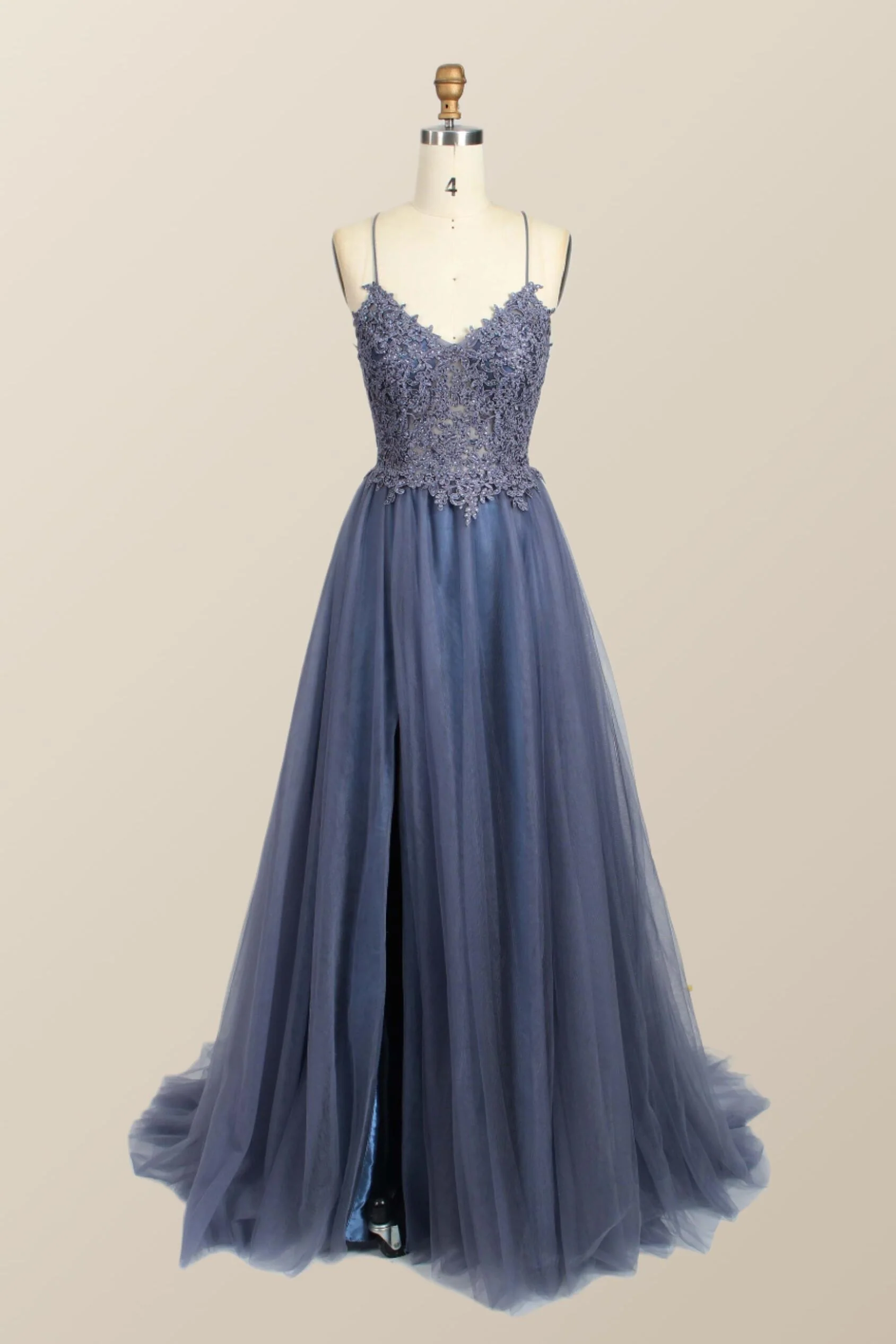 Straps Green Appliques Tulle Long Formal Dress - Image 4