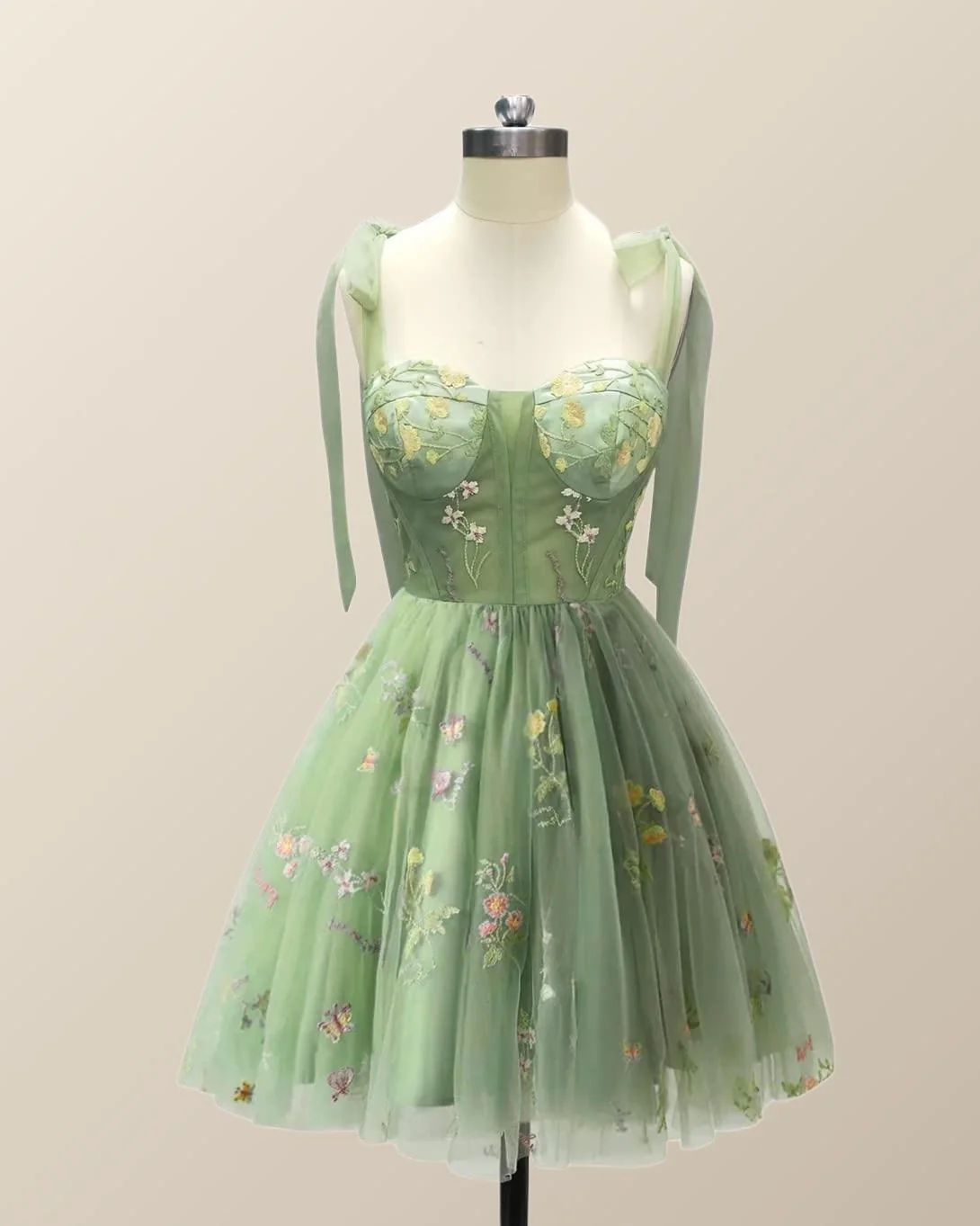 Straps Green Floral Short Princess Dress