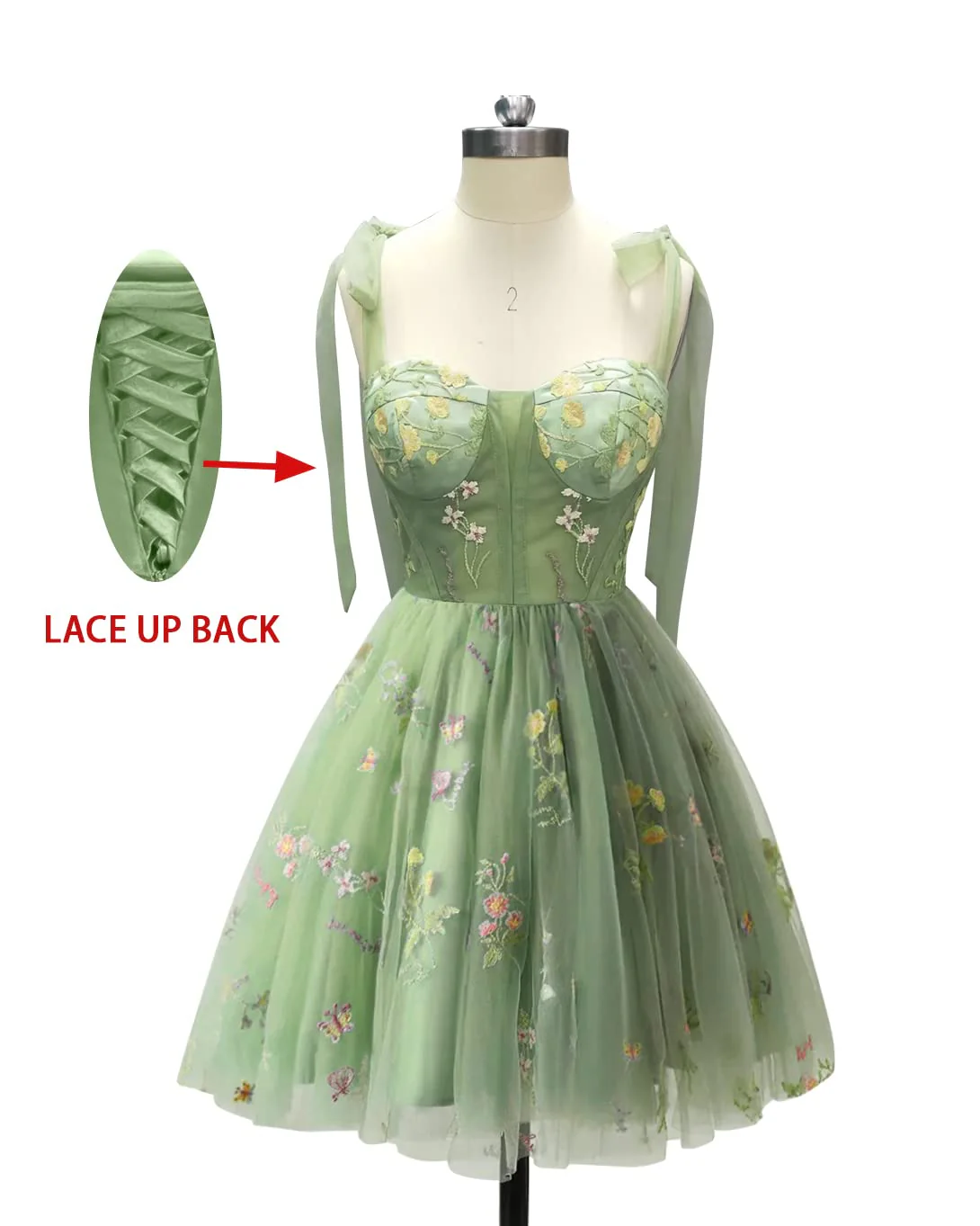 Straps Green Floral Short Princess Dress - Image 2
