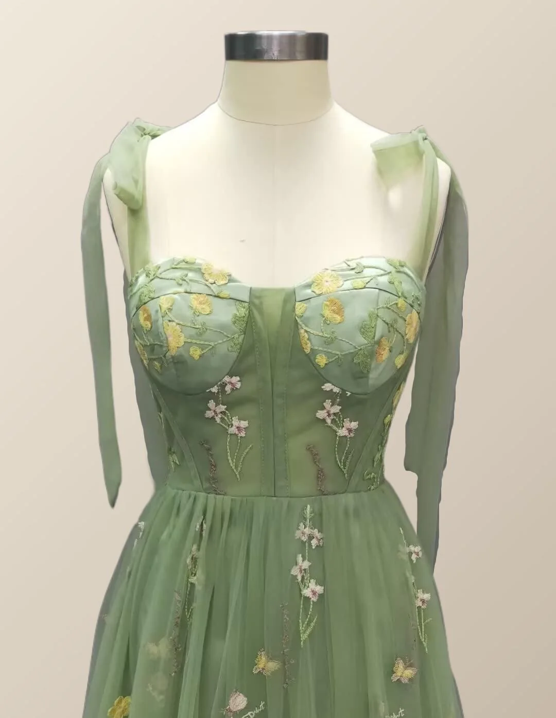 Straps Green Floral Short Princess Dress - Image 3