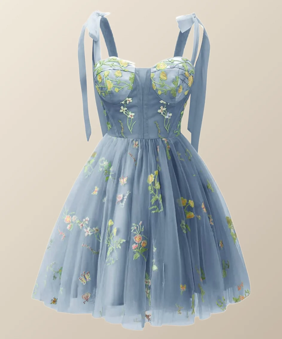 Straps Green Floral Short Princess Dress - Image 6