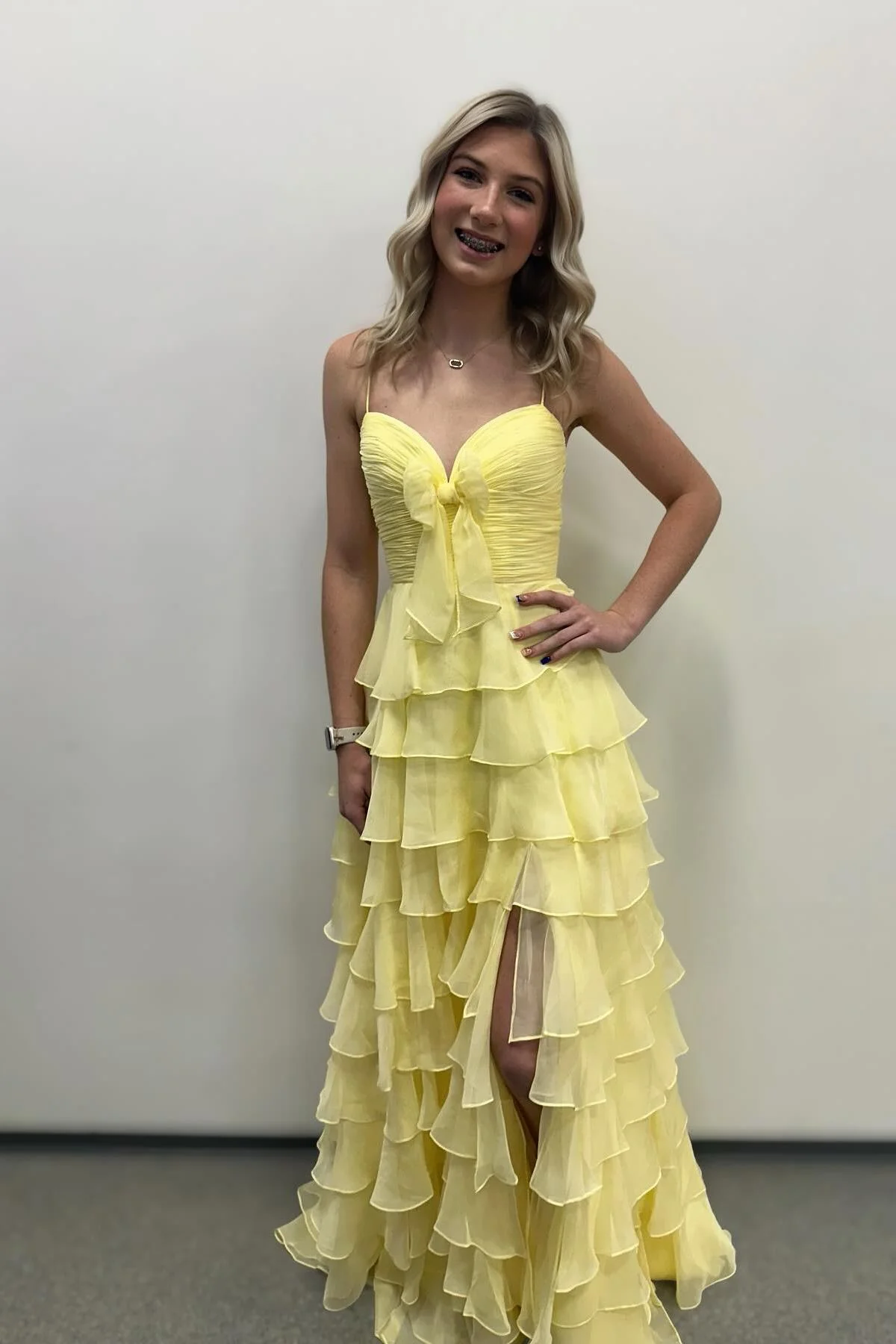 Straps Green Tiered A-line Long Dress with Bow - Image 2