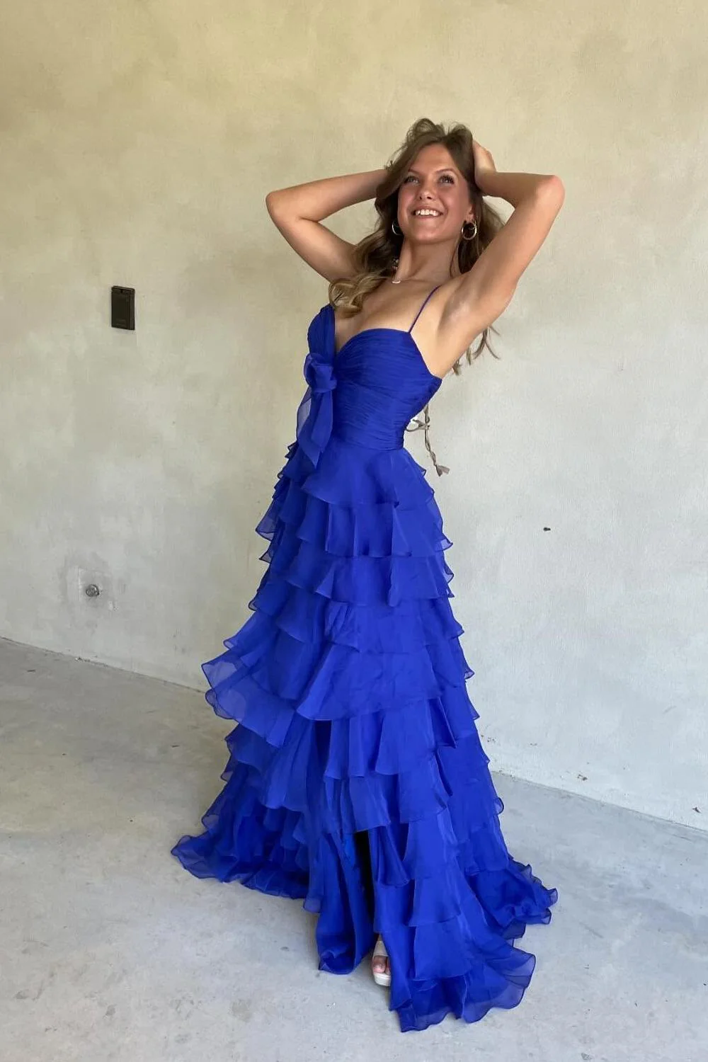 Straps Green Tiered A-line Long Dress with Bow - Image 8