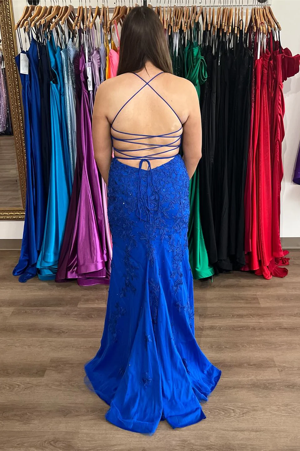 Straps Hot Pink Lace Mermaid Long Prom Dress - Image 11
