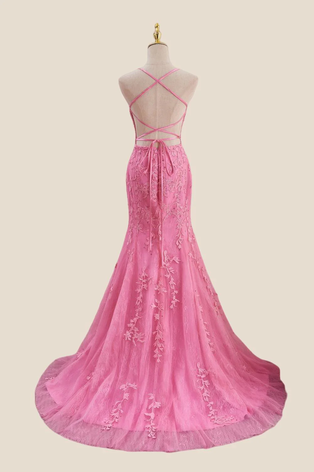Straps Hot Pink Lace Mermaid Long Prom Dress - Image 5