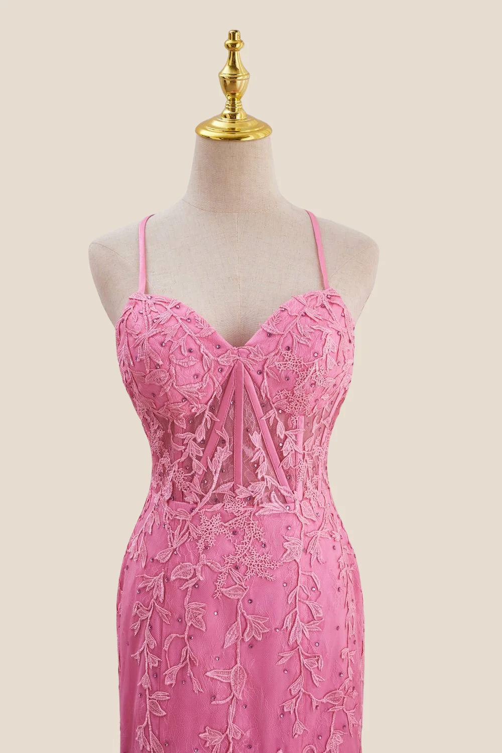 Straps Hot Pink Lace Mermaid Long Prom Dress - Image 6